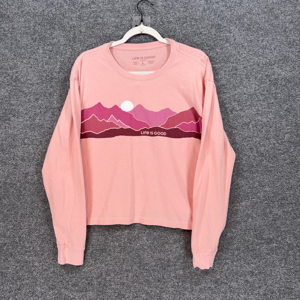 Life is Good Tshirt Womens Large Pink Mountain Graphic Long Sleeve Tee Casual